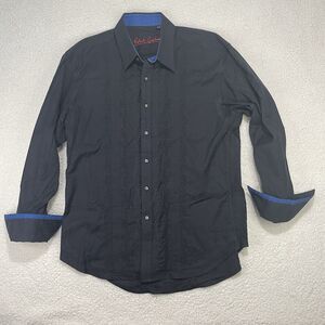 Robert Graham Mens XL Solid Black Shirt Blue Embroidered Long Sleeve Flip Cuff